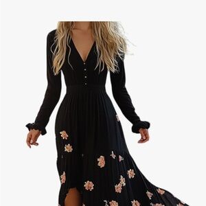 Chic Black Floral Long Sleeve Dress